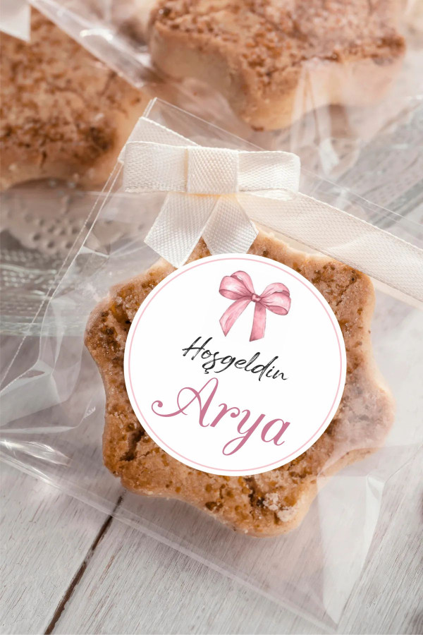 Pembe Kurdele Bebek Etiketi, Baby Shower, Doğum günü, Hoşgeldin Etiketi 4x4 cm 96 Adet