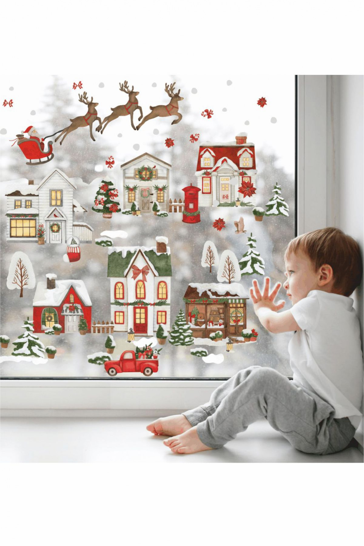 Kış Heyecanı Yılbaşı Evler, Araba Duvar ve Cam Sticker 60x100 cm