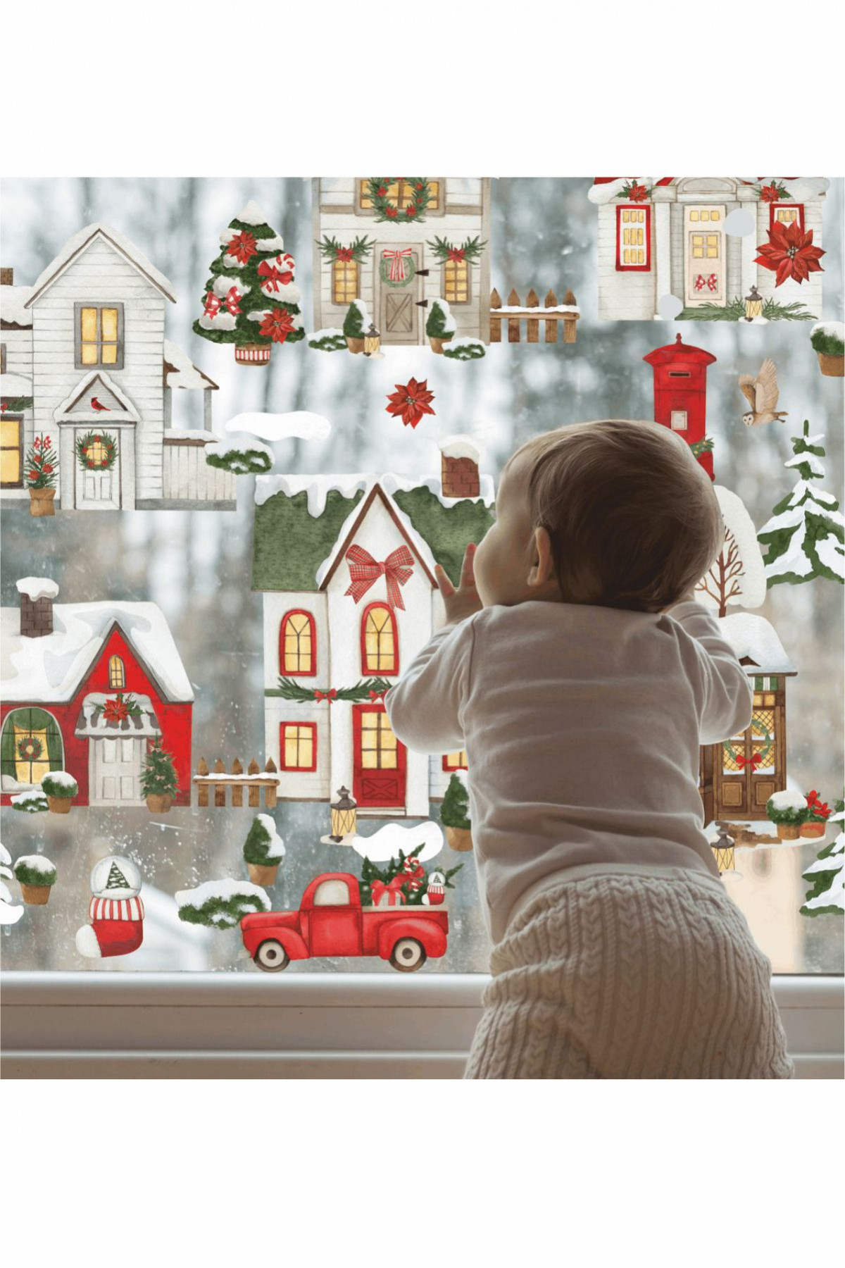 Kış Heyecanı Yılbaşı Evler, Araba Duvar ve Cam Sticker 60x100 cm