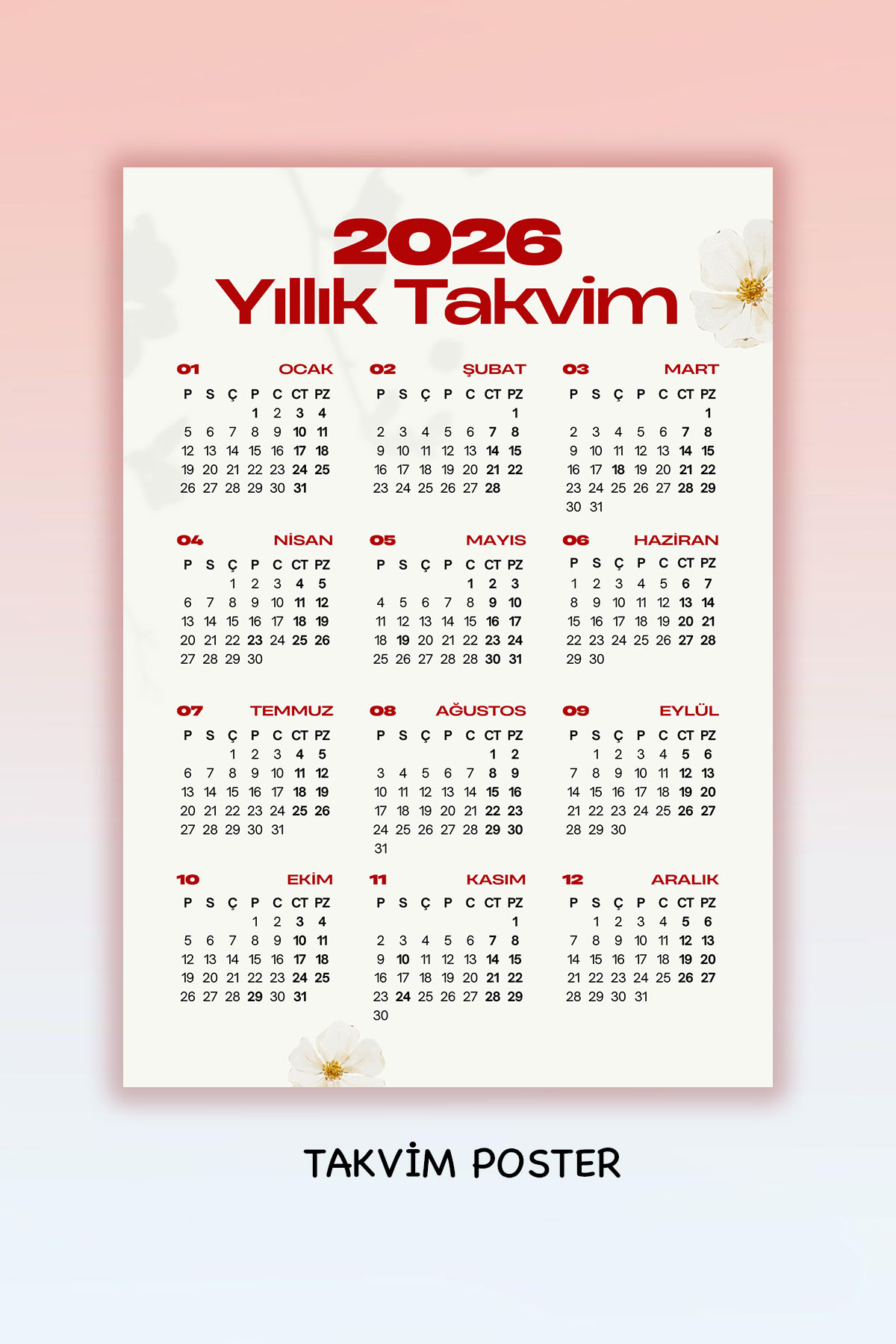 Takvim 2026 Poster , Planlayıcı Yıllık - A4 boyut