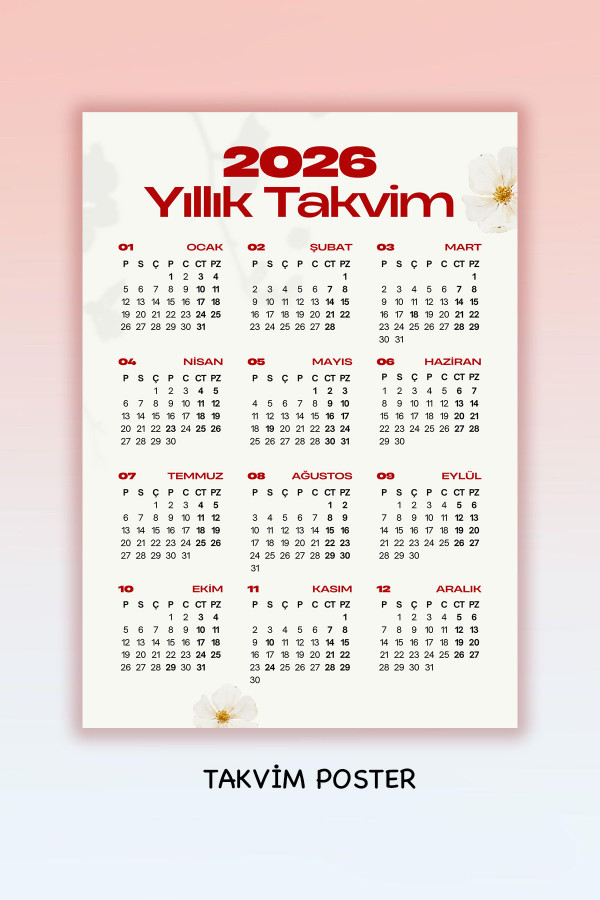  Takvim 2026 Poster , Planlayıcı Yıllık - A4 boyut