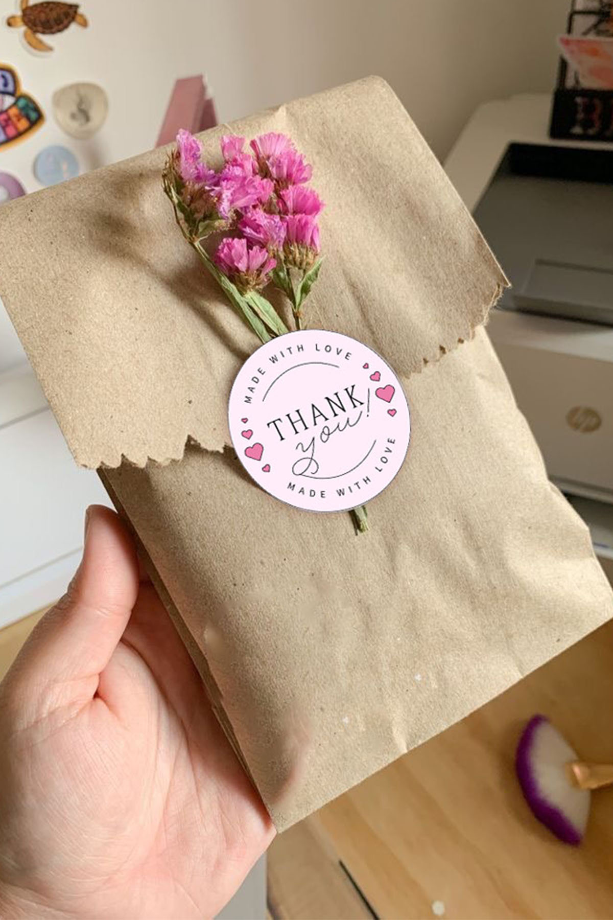 Thank you 4 cm, kalp desenli teşekkür etiketi, hediye etiketi