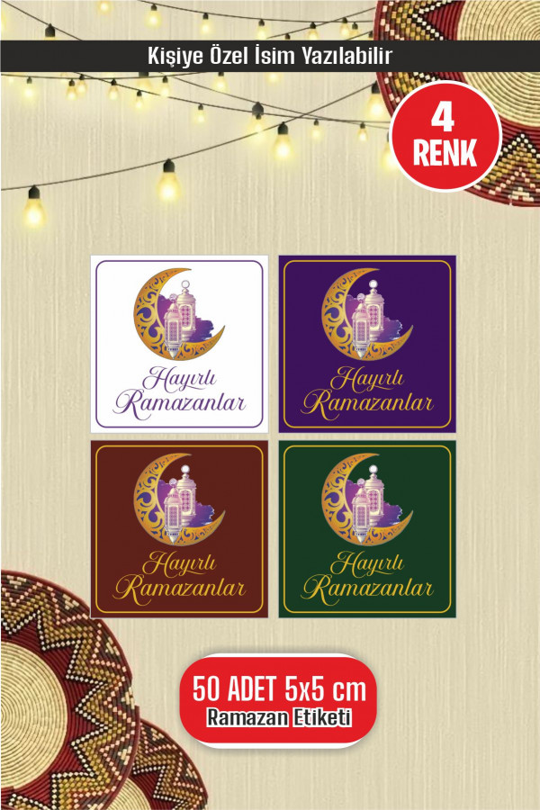 İsim Yazılabilir Hayırlı Ramazanlar 50 Adet 5 cm Etiket, Ramazan Süsleme, Hediye, Paketleme Sticker