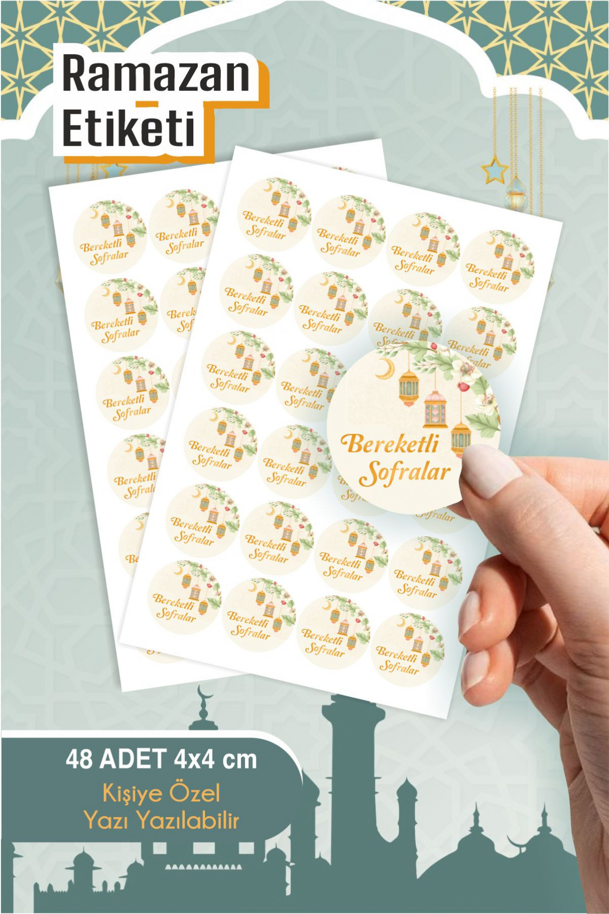 Kişiye Özel Bereketli Sofralar 48 Adet 4 cm Etiket, Ramazan Süsleme, Hediye, Paketleme Sticker, Ramazan Etiket