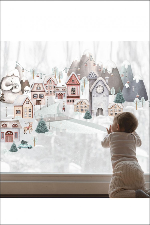  Yılbaşı Sokağı Evler ve Karlı Dağlar Duvar ve Cam Sticker 50x100 cm