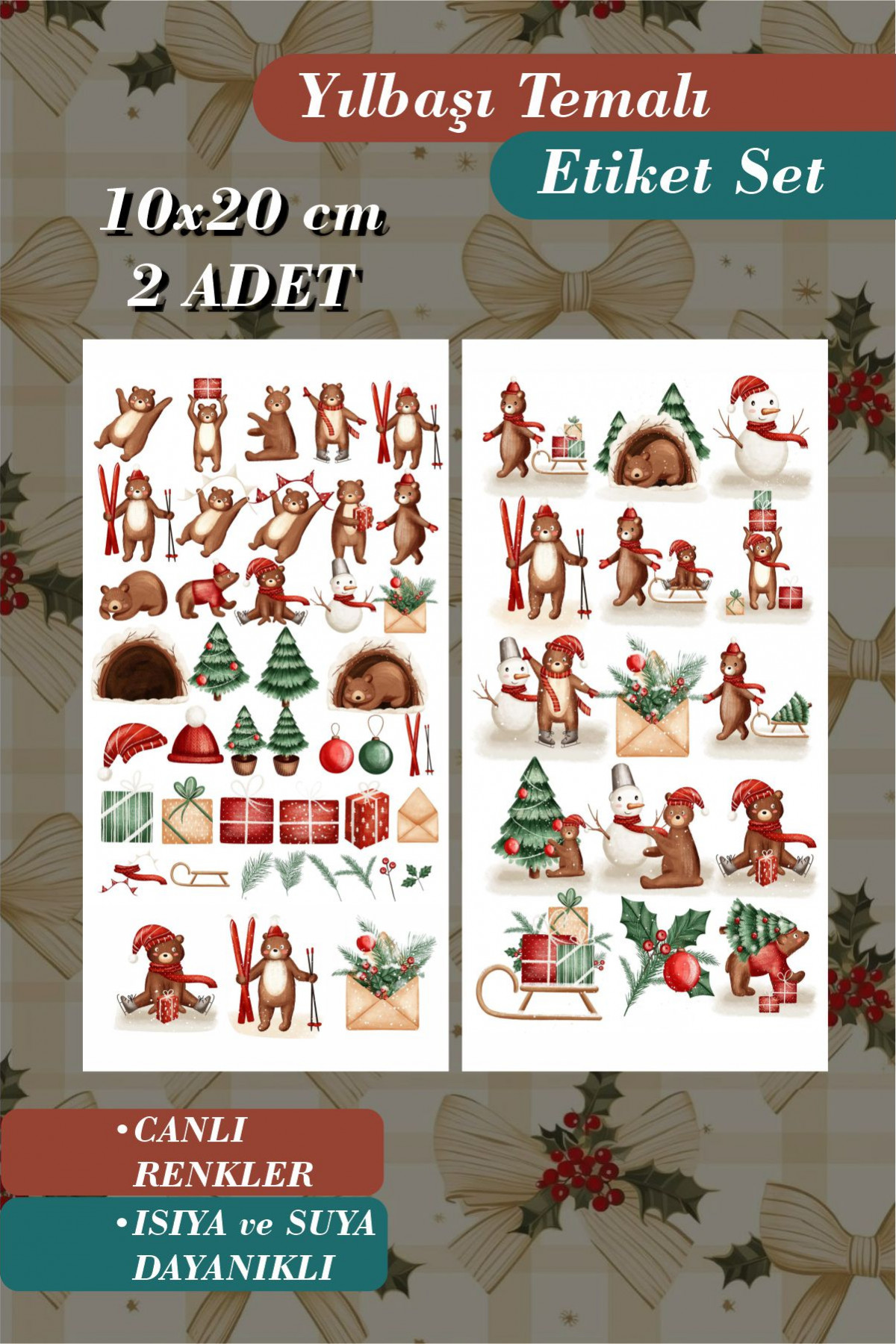 Ayıcık Yılbaşı Temalı 2'li Çıkartma Sticker Seti - Kalem, Laptop Defter Suluk Sticker