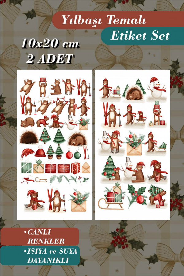 Ayıcık Yılbaşı Temalı 2'li Çıkartma Sticker Seti - Kalem, Laptop Defter Suluk Sticker
