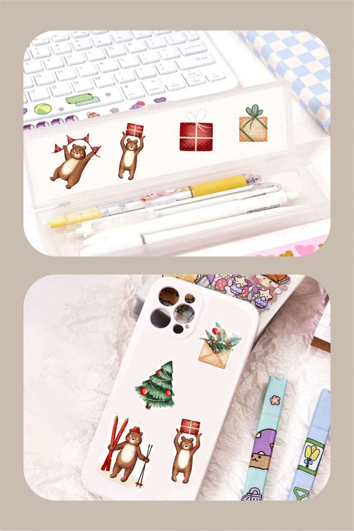 Ayıcık Yılbaşı Temalı 2'li Çıkartma Sticker Seti - Kalem, Laptop Defter Suluk Sticker
