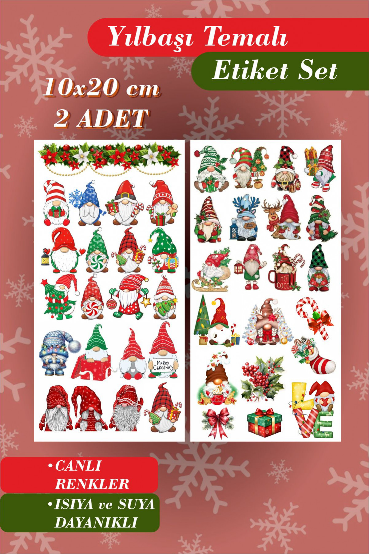 Cüceler Yeni Yıl Temalı 2'li Çıkartma Sticker Seti -Hediye Paketi Etiketi, İyi Seneler Etiketi