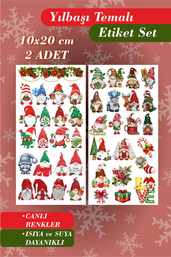Cüceler Yeni Yıl Temalı 2'li Çıkartma Sticker Seti -Hediye Paketi Etiketi, İyi Seneler Etiketi
