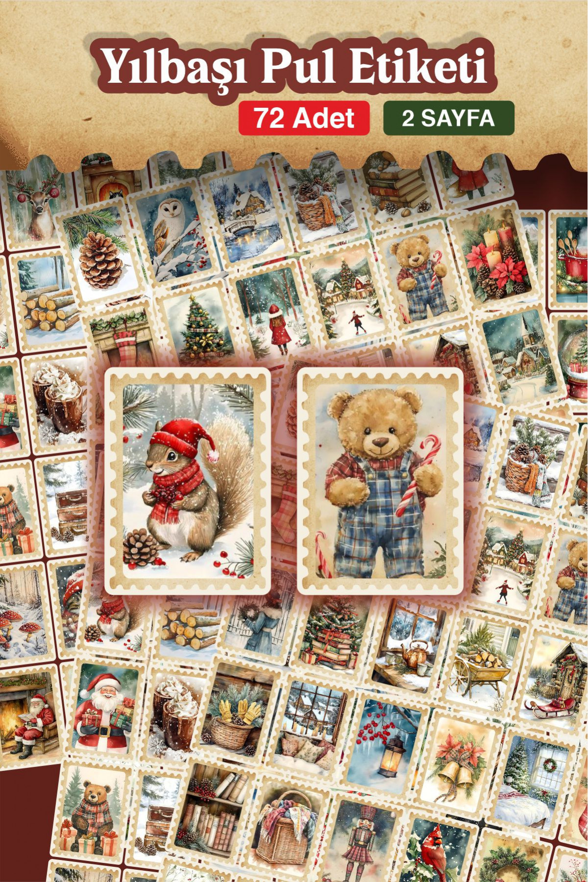 Yılbaşı Pul 72'li Sticker Seti - Mektup, Hediye, Defter,Yılbaşı Sticker