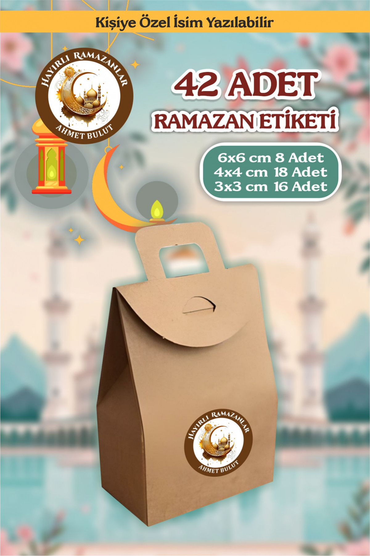 İsim Yazılabilir Hayırlı Ramazanlar 42 Adet Etiket, Ramazan Süsleme, Hediye, Paketleme Sticker