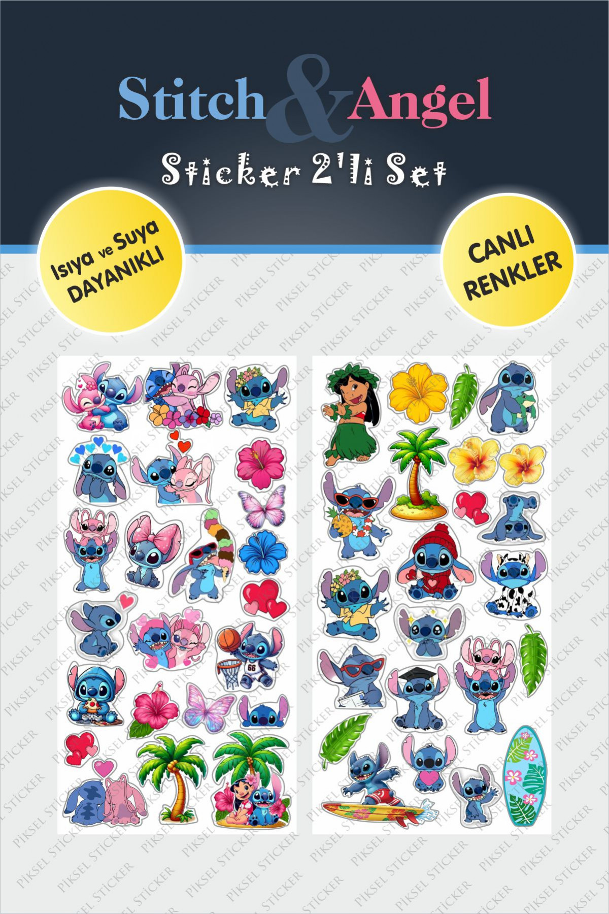 Renkli Stitch Angel 2'li Çıkartma Sticker Seti - Kalem, Laptop Defter Suluk Sticker
