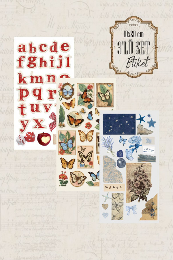 Vintage Alfabe 3'lü Etiket - Kalem, Laptop Defter Suluk Sticker