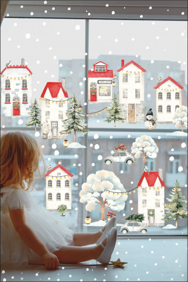 Yılbaşı Karlı Gün Evler Duvar ve Cam Sticker 40x120 cm
