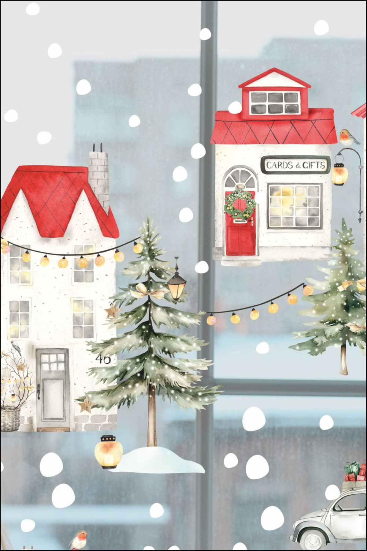 Yılbaşı Karlı Gün Evler Duvar ve Cam Sticker