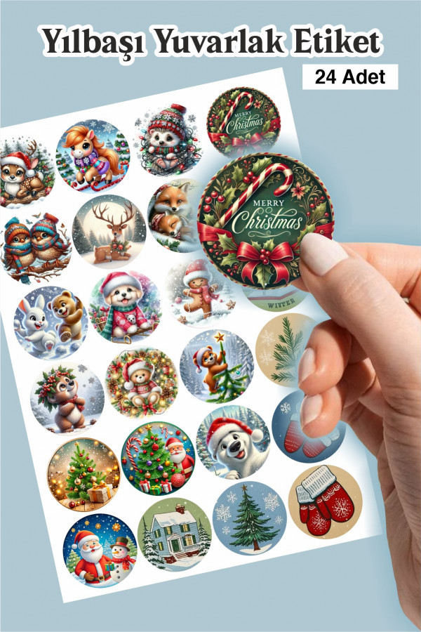  Renkli Yılbaşı Yuvarlak 24'lü Sticker Seti - Kalem, Laptop Defter Suluk Sticker