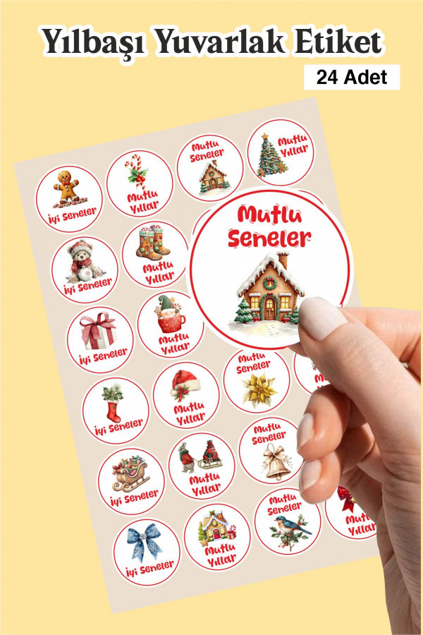 Yeni Yıl Temalı 24'lü Çıkartma Sticker Seti -Hediye Paketi Etiketi, İyi Seneler Etiketi