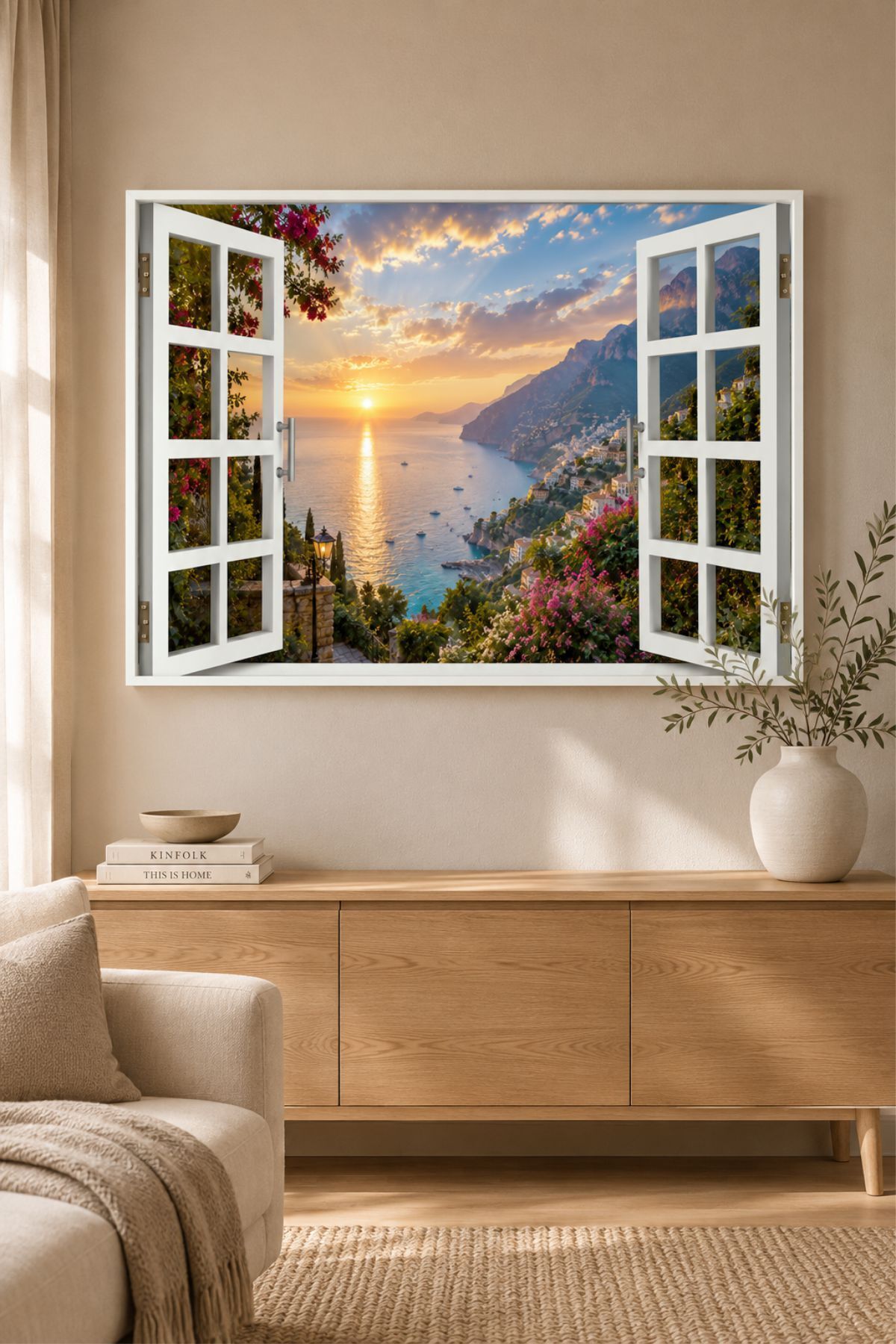 3 Boyutlu Akdeniz Kıyısı Manzara Pencere Duvar Sticker