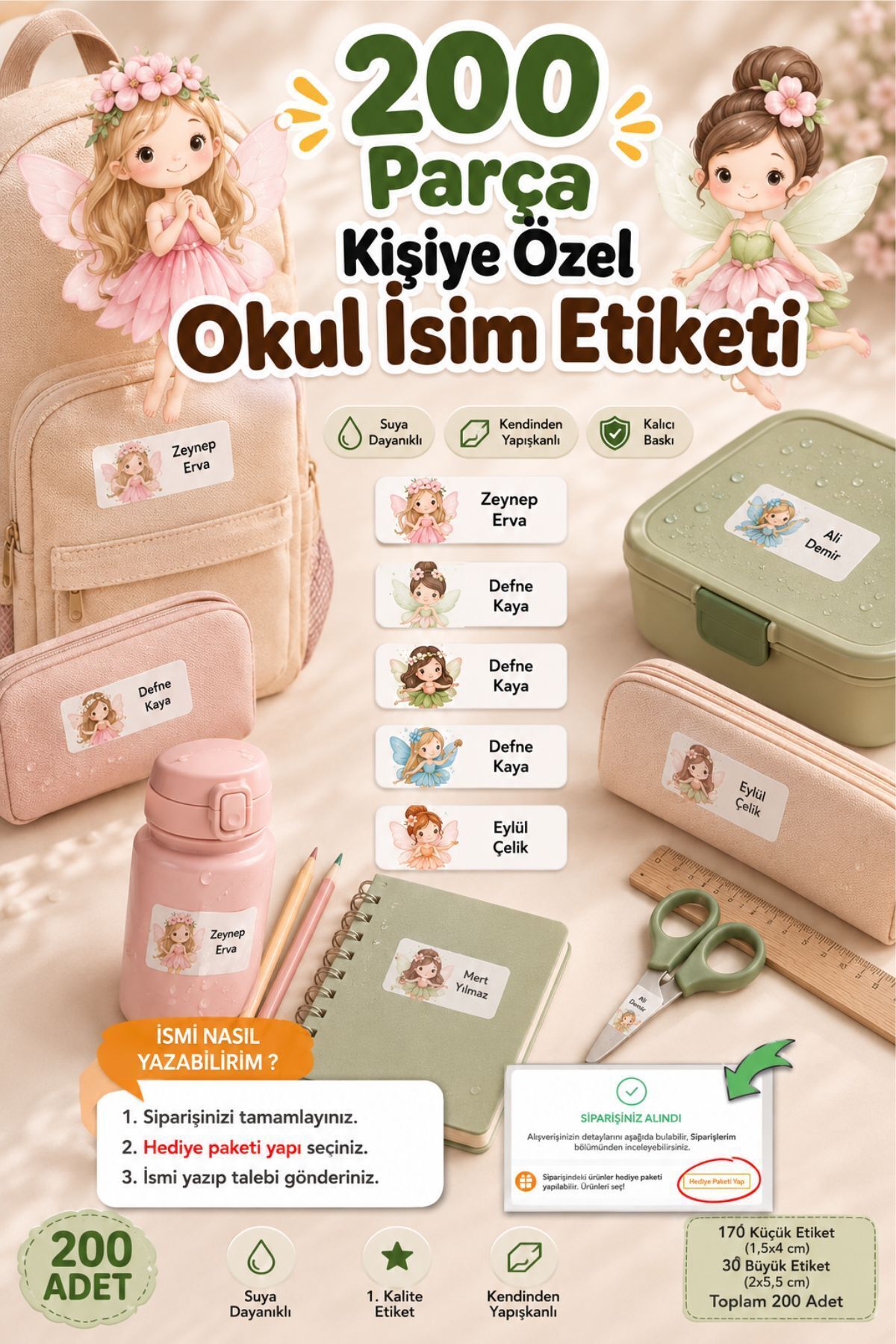 Okul Etiketi Kalem Defter isimli Etiket Isim Yazılabilen Etiket Renkli Periler Temalı - 200 Adet Etiket