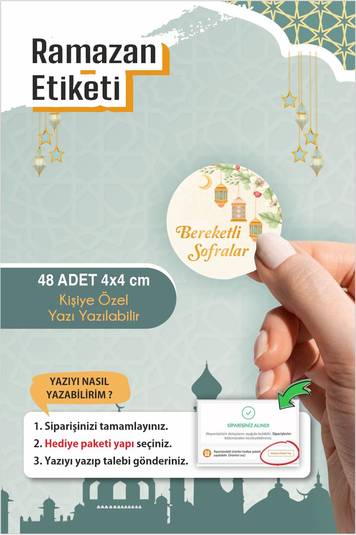 Kişiye Özel Bereketli Sofralar 48 Adet 4 cm Etiket, Ramazan Süsleme, Hediye, Paketleme Sticker