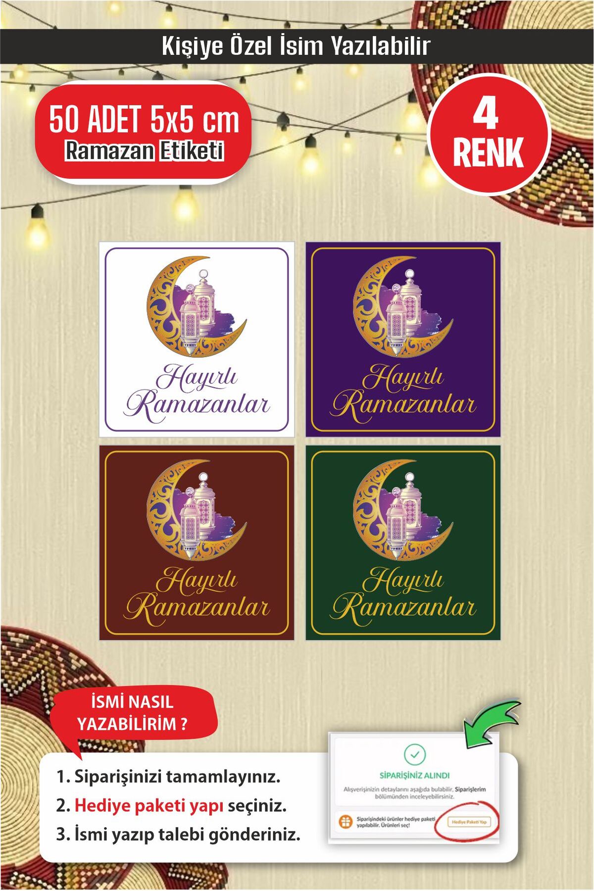 İsim Yazılabilir Hayırlı Ramazanlar 50 Adet 5 cm Etiket, Ramazan Süsleme, Hediye, Paketleme Sticker