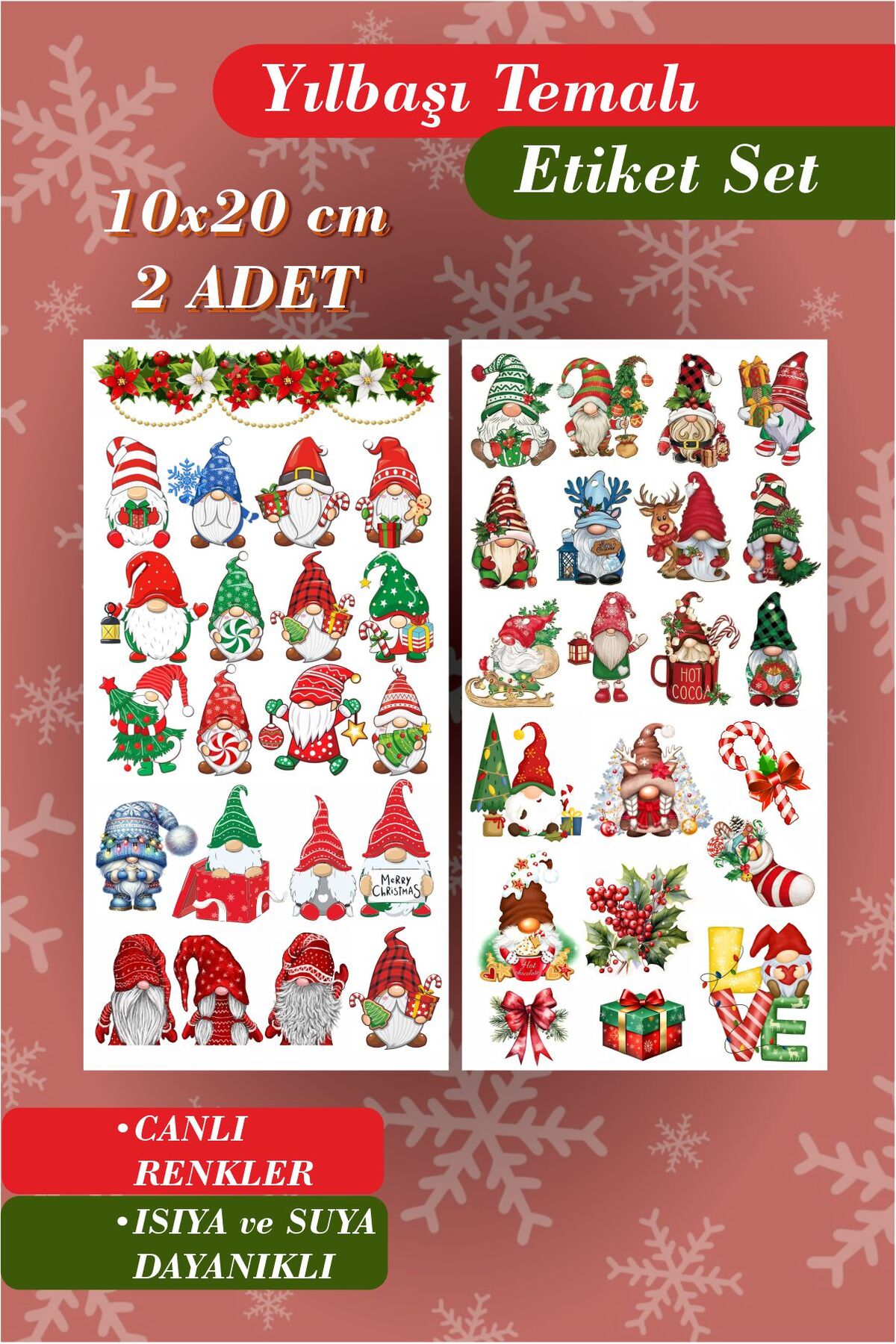 Cüceler Yeni Yıl Temalı 2'li Çıkartma Sticker Seti -Hediye Paketi Etiketi, İyi Seneler Etiketi,