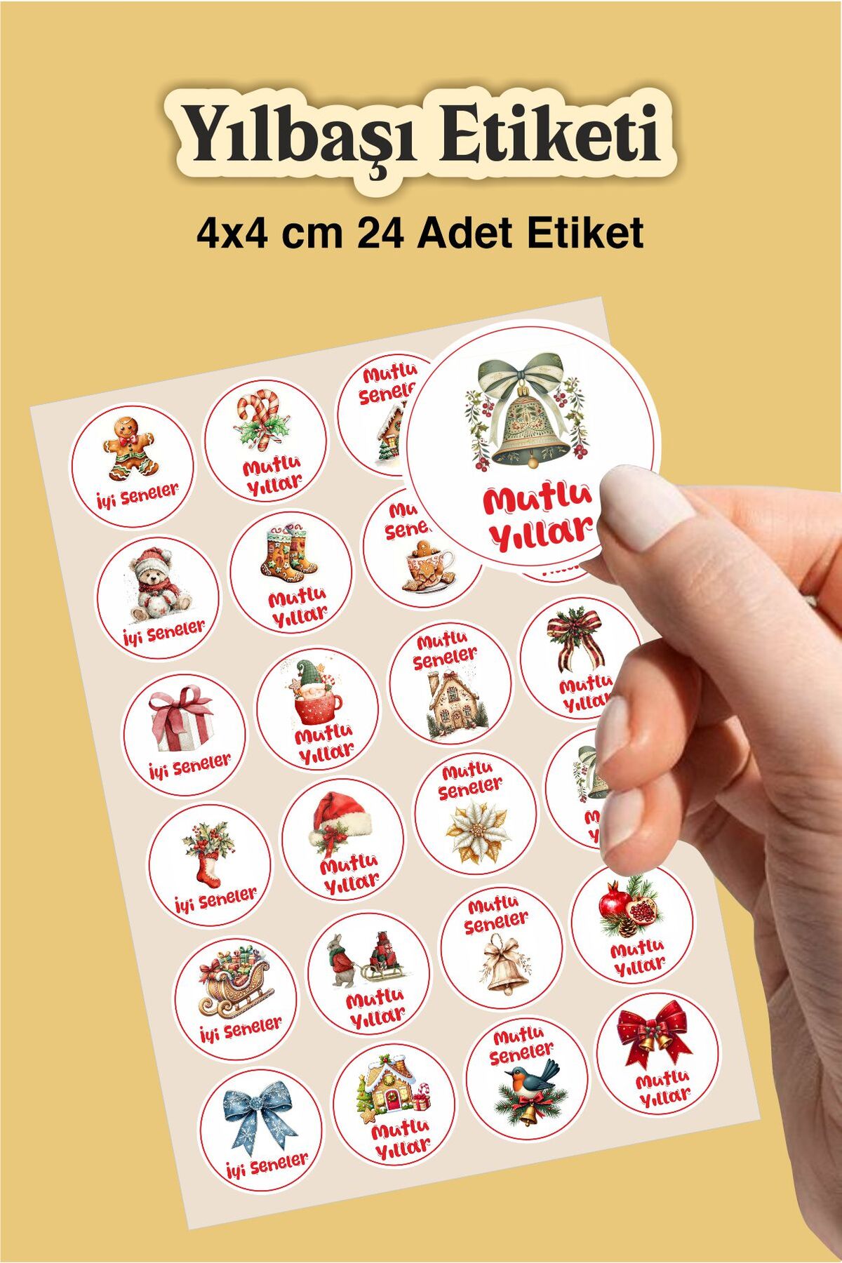 Yeni Yıl Temalı 24'lü Çıkartma Sticker Seti -Hediye Paketi Etiketi, İyi Seneler Etiketi,