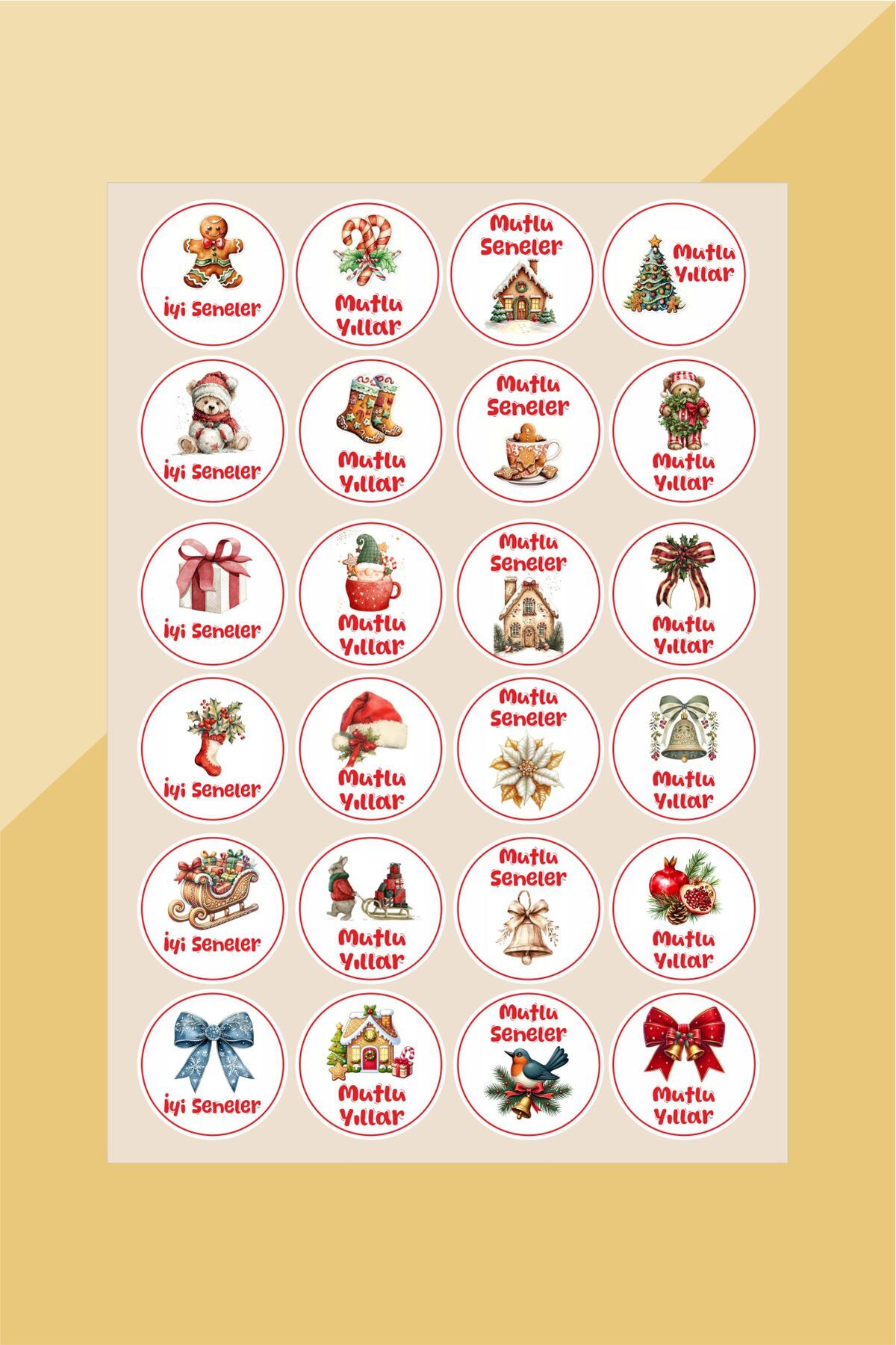 Yeni Yıl Temalı 24'lü Çıkartma Sticker Seti -Hediye Paketi Etiketi, İyi Seneler Etiketi,