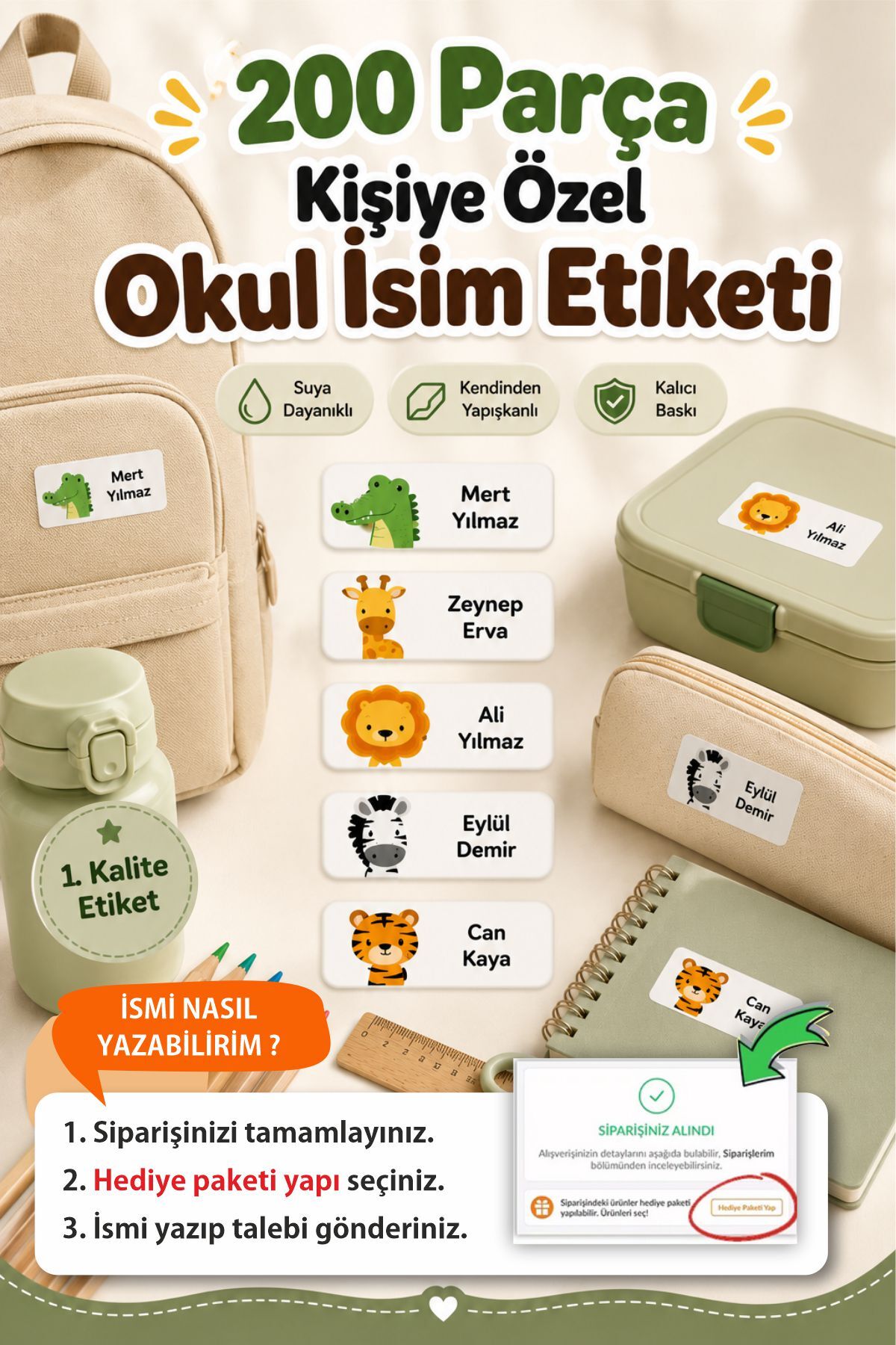 Okul Etiketi Kalem Defter isimli Etiket Isim Yazılabilen Etiket Sevimli Hayvanlar Renkli - 200 Adet Etiket
