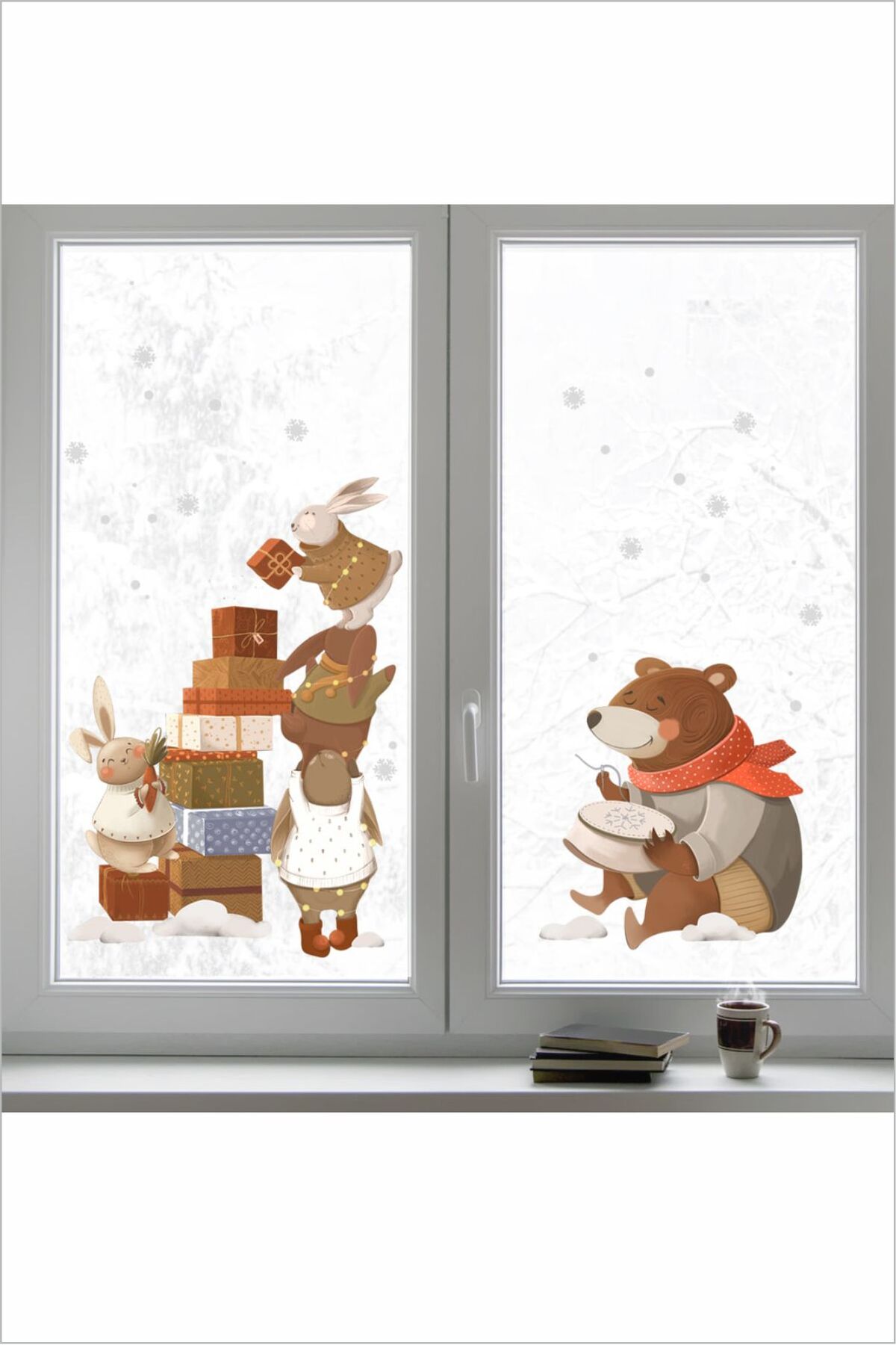 Yılbaşı Kutlaması Tavşanlar ve Ayıcık Duvar Sticker - Noel ve Kış Temalı Dekor