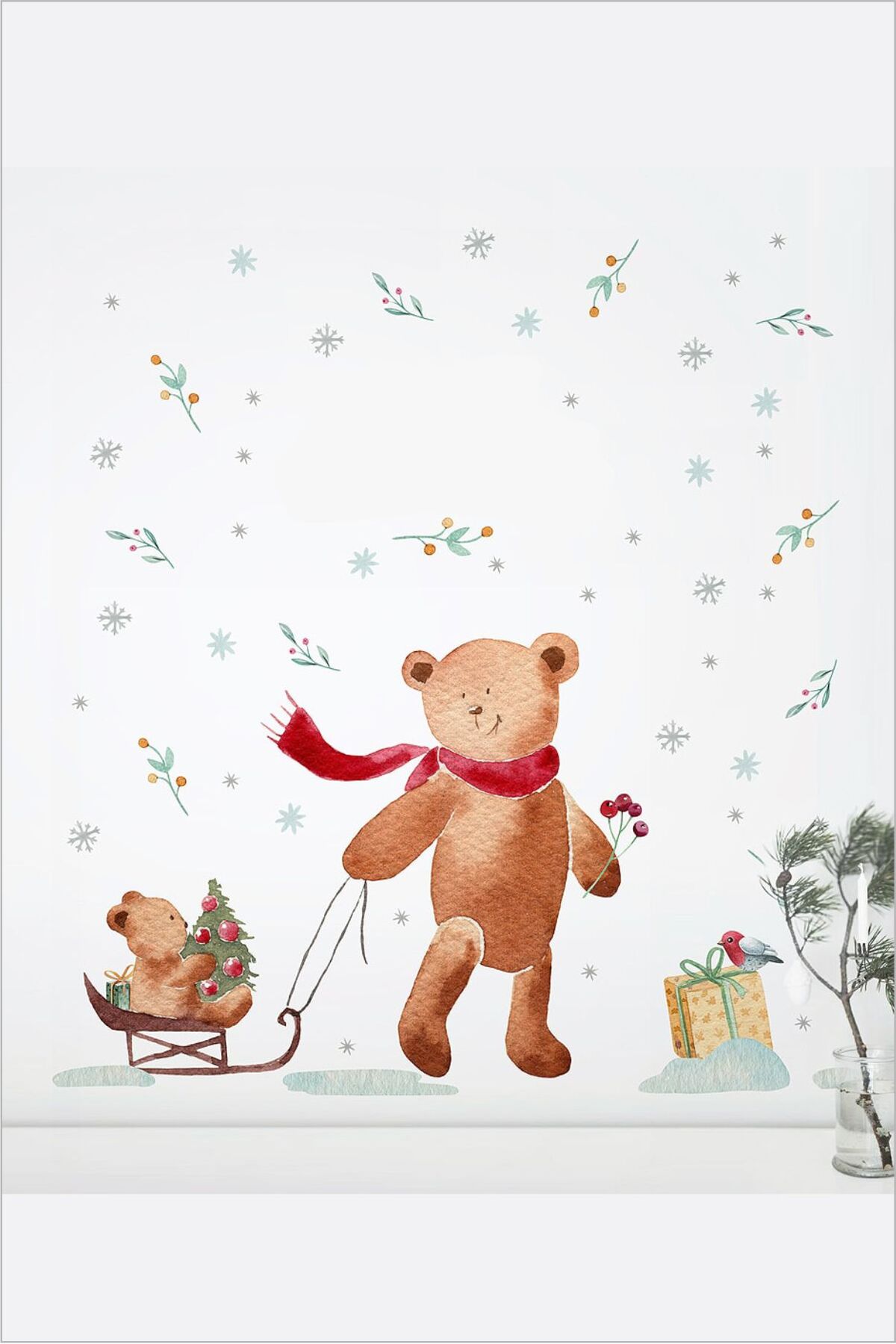 Kırmızı Atkılı Ayıcık Duvar Sticker - Noel ve Kış Temalı Dekor