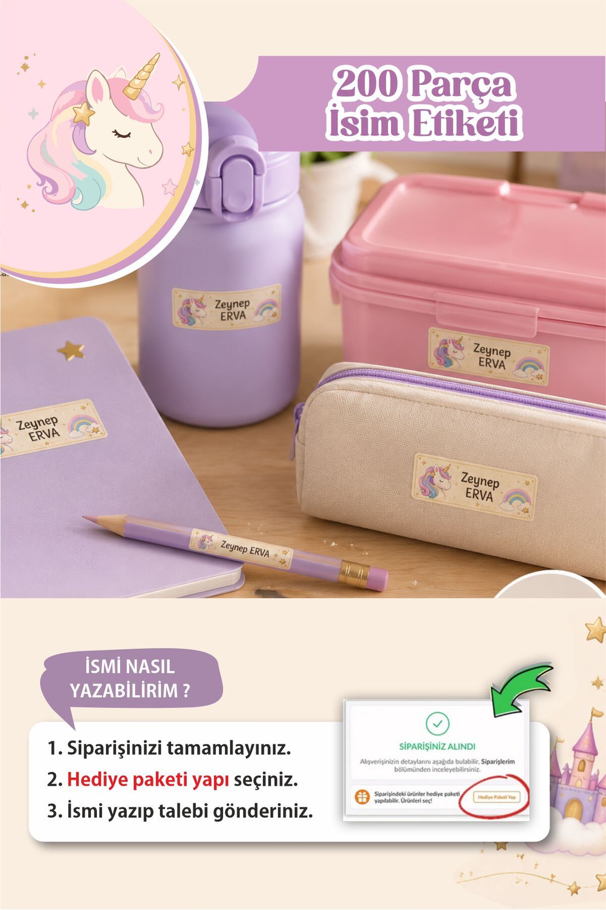 Okul Etiketi Kalem Defter isimli Etiket Isim Yazılabilen Etiket Tek Boynuzlu At Renkli - 200 Adet Etiket