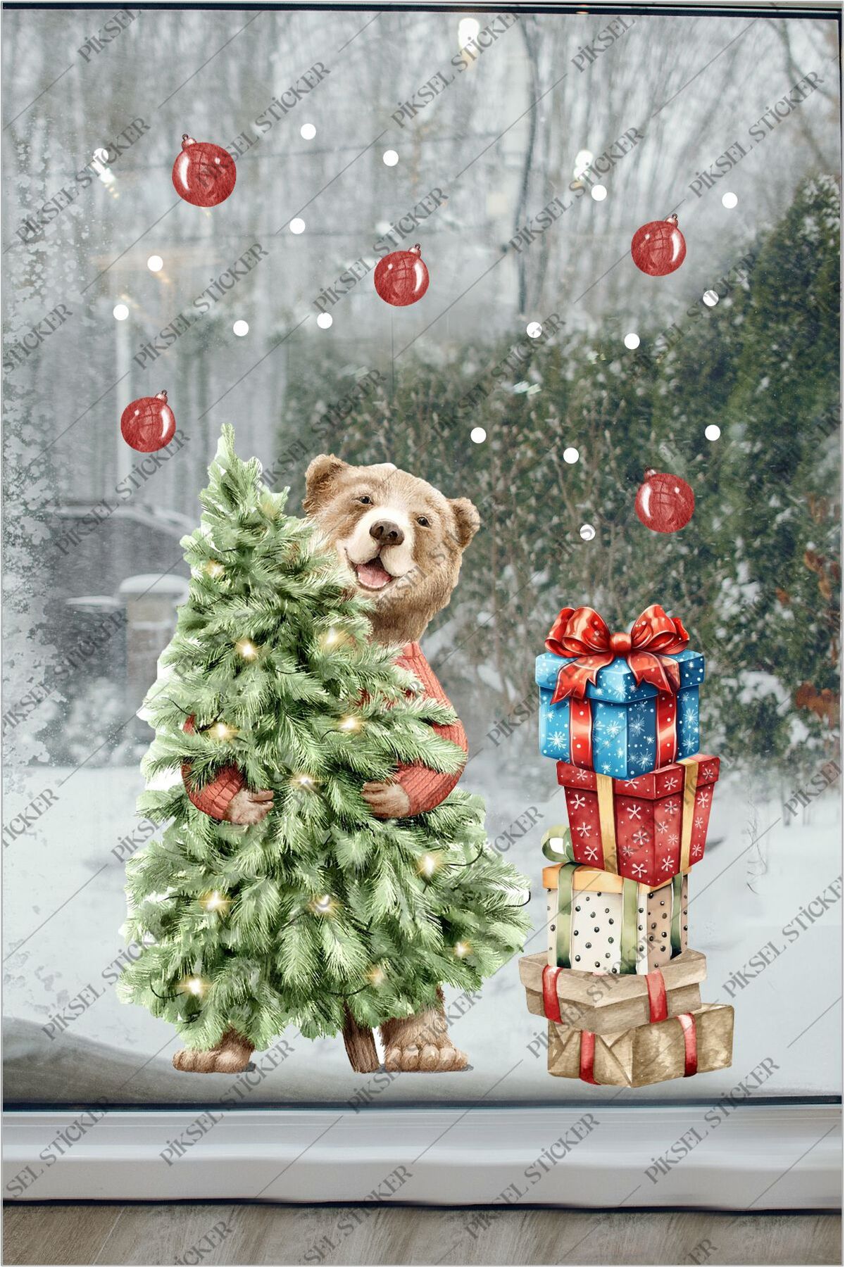 Bear and New Year Sticker Paketi Yılbaşı Seti Cam Duvar Sticker