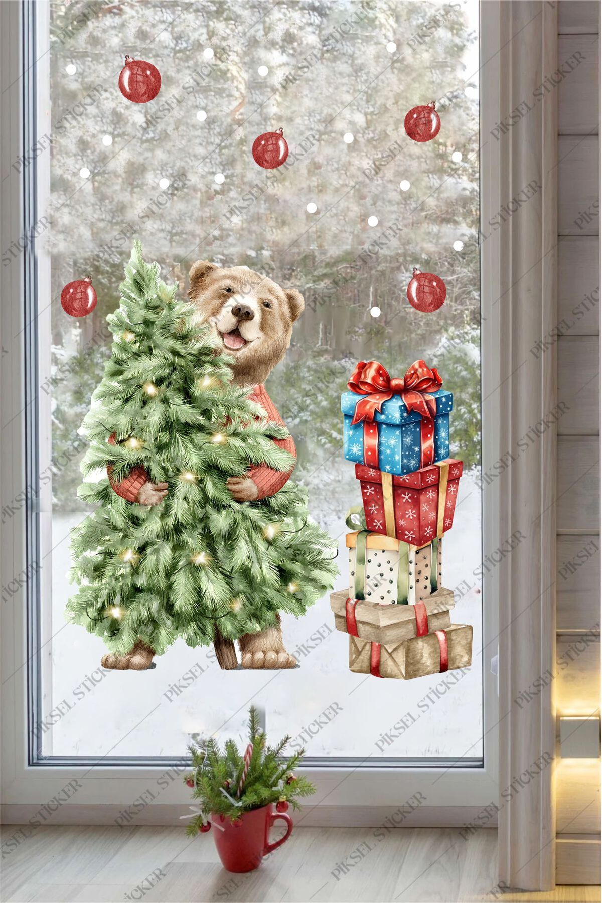 Bear and New Year Sticker Paketi Yılbaşı Seti Cam Duvar Sticker