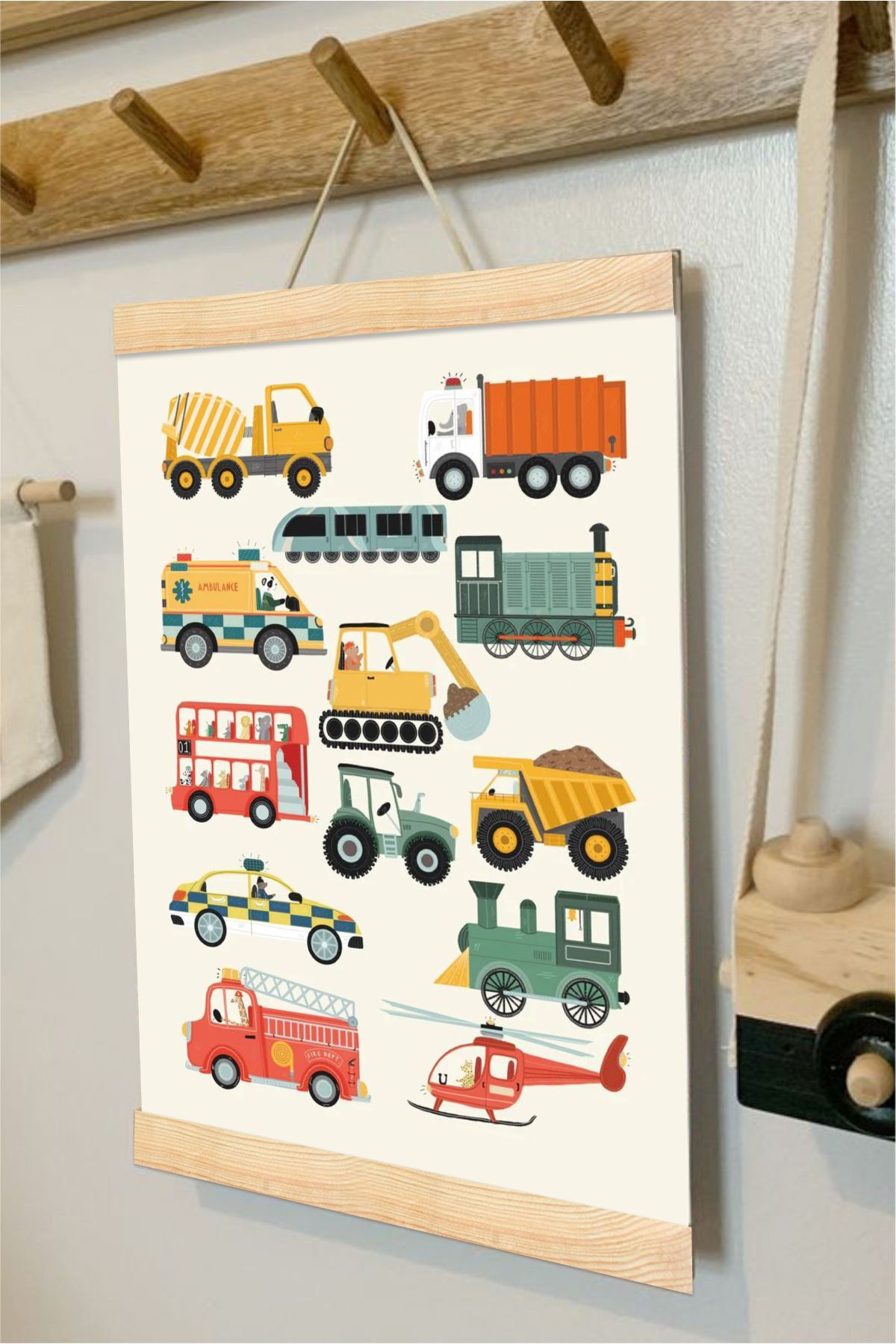 İş Arabaları Askılı Kanvas Poster - Bebek Çocuk Odası Resim Poster 30x40 cm