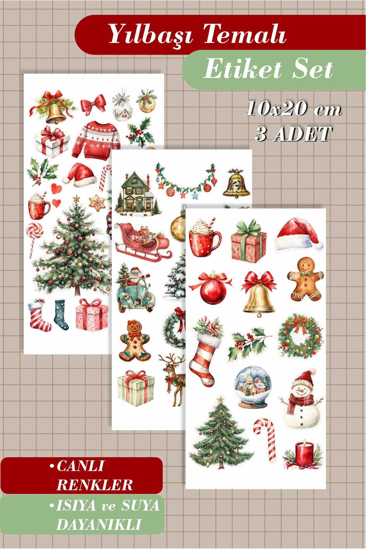Christmas Temalı 3'lü Çıkartma Sticker Seti - Kalem, Laptop Defter Suluk Sticker