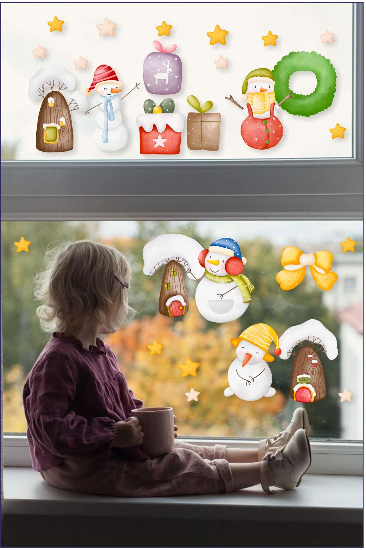 Kardan Adam ve Karlı Ağaçlar Yılbaşı Seti Cam Duvar Sticker