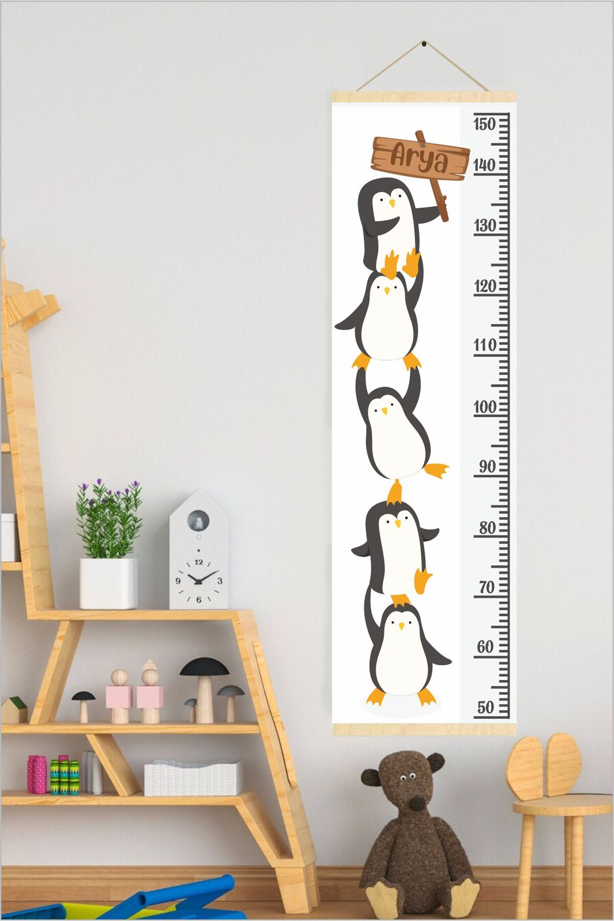 Penguen Askılı Kanvas Boy Ölçer - Çocuk Odası Boy Metresi