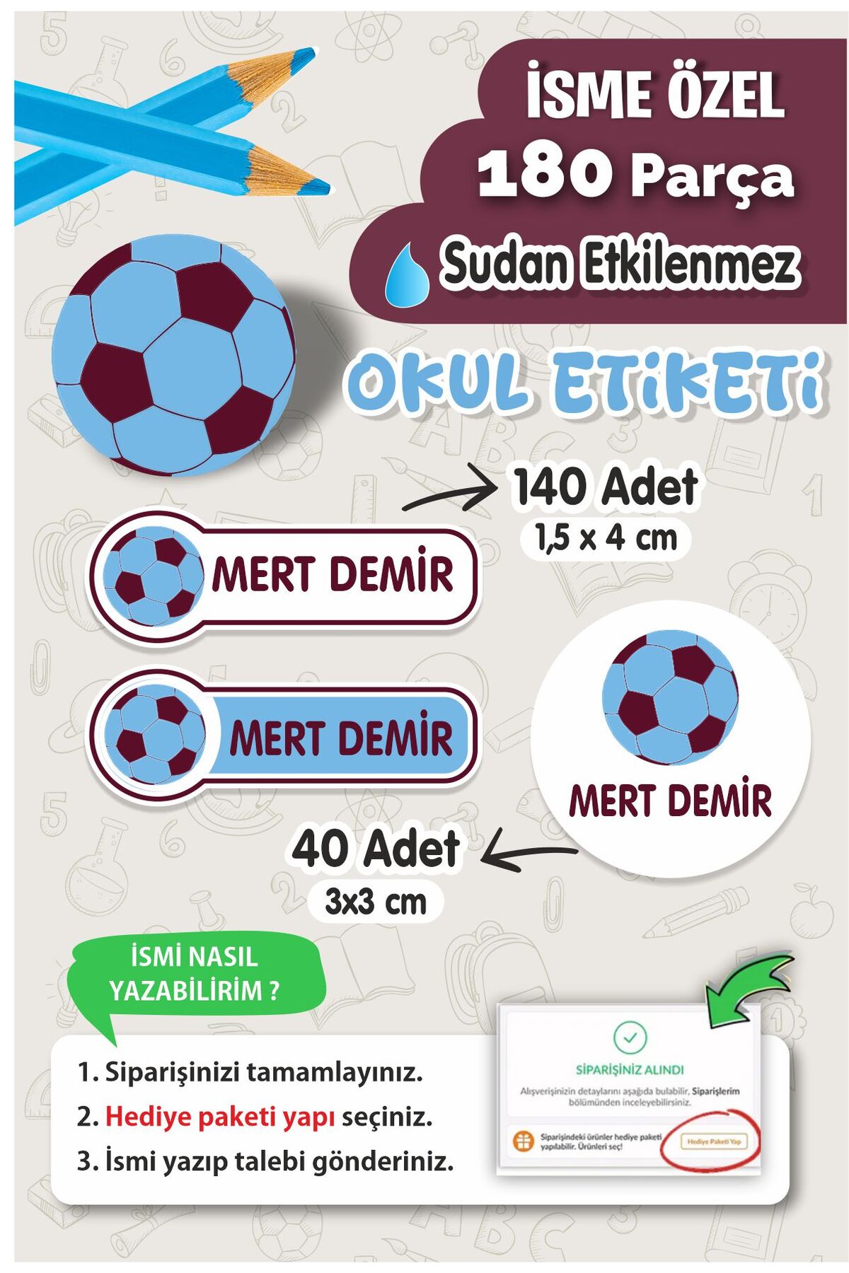 Okul Etiketi Kalem Defter isimli Etiket Isim Yazılabilen Etiket - 180 Adet Etiket