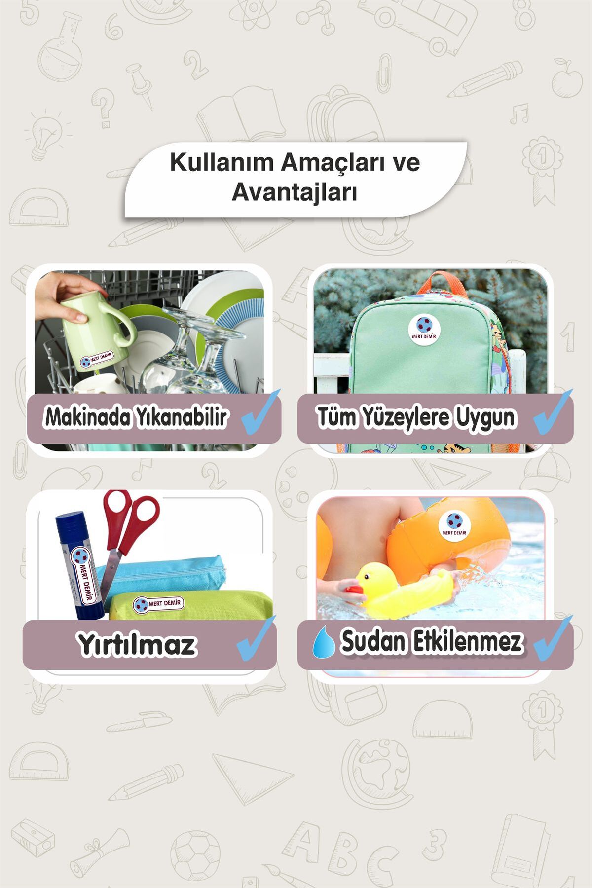 Okul Etiketi Kalem Defter isimli Etiket Isim Yazılabilen Etiket - 180 Adet Etiket
