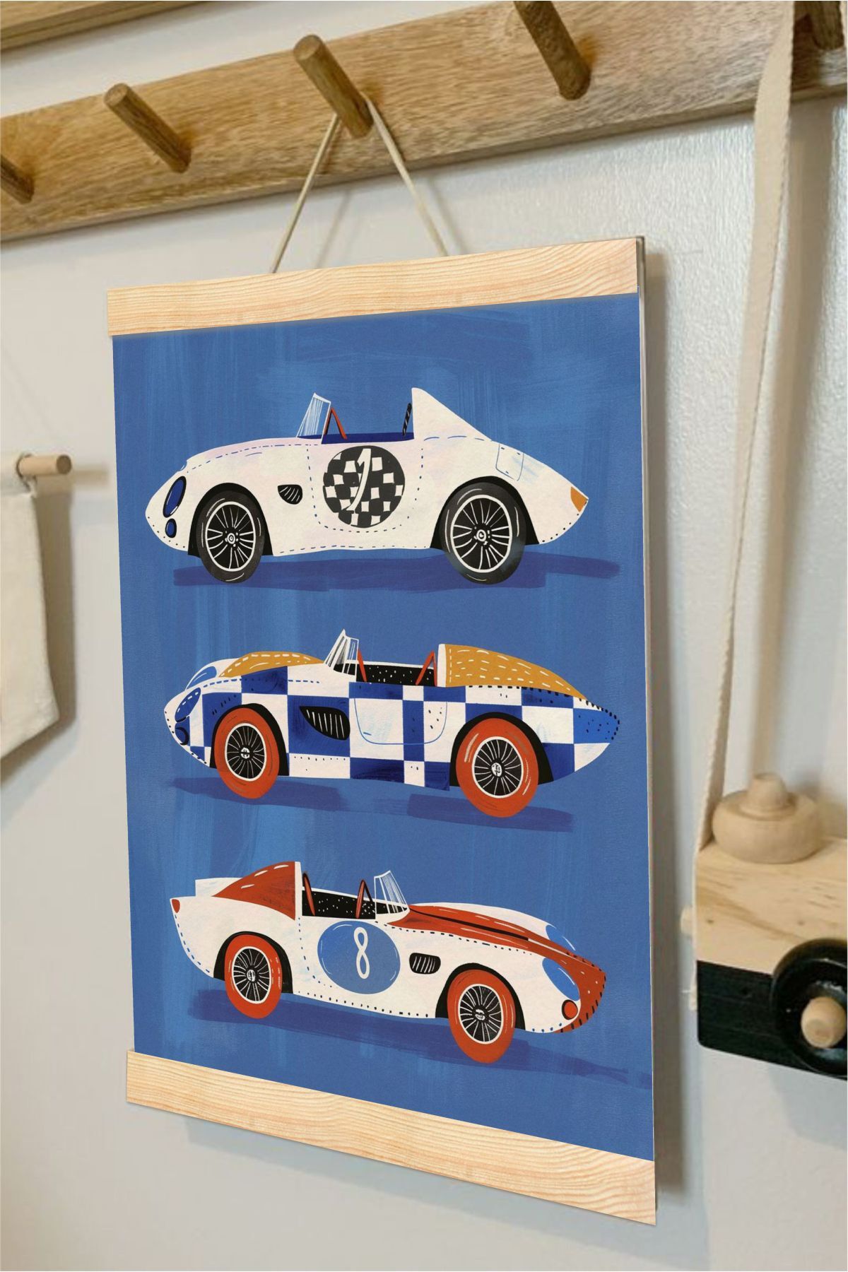 Arabalar Askılı Kanvas Poster - Bebek Çocuk Odası Resim Poster 30x40 cm