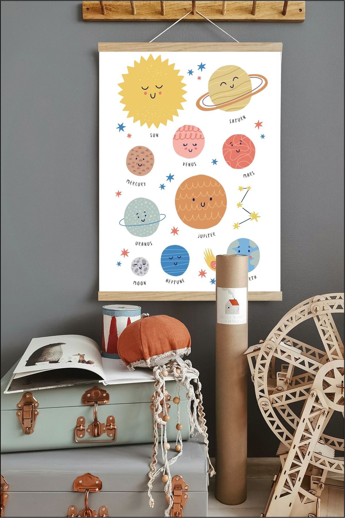 Gezegenler Renkli Askılı Kanvas Poster - Bebek Çocuk Odası Resim Poster 30x40 cm