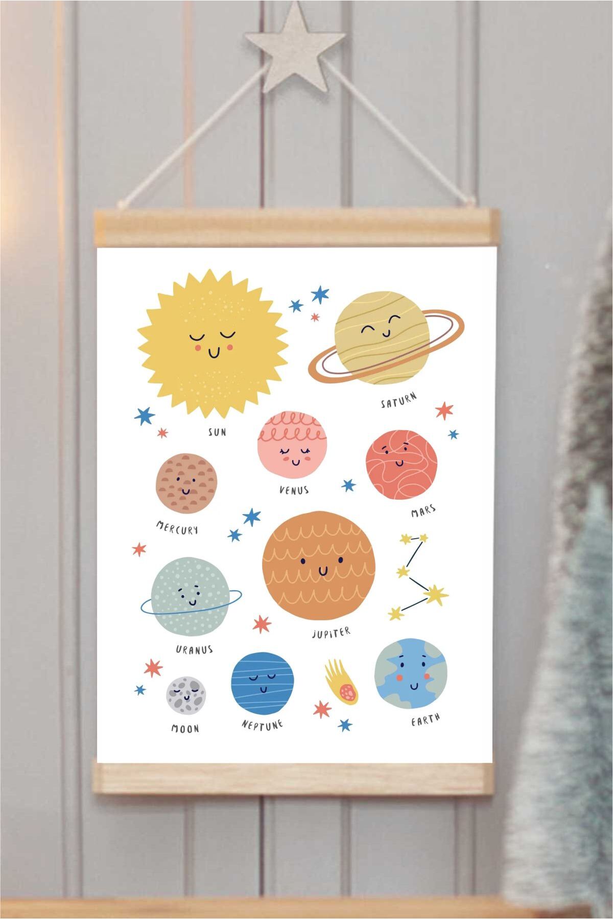 Gezegenler Renkli Askılı Kanvas Poster - Bebek Çocuk Odası Resim Poster 30x40 cm