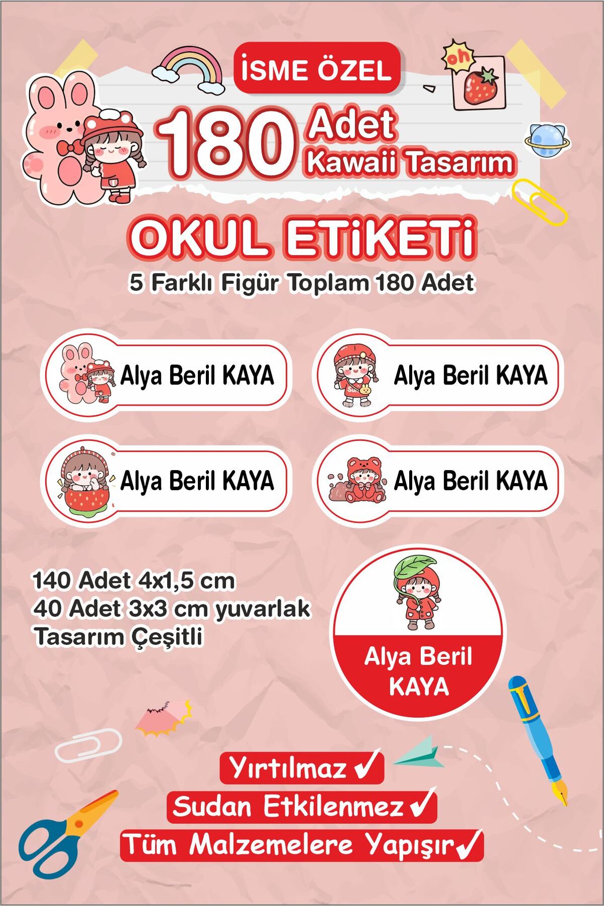 İsme Özel Etiket Kalem, defter, suluk etiketi 180 adet - Kırmızı