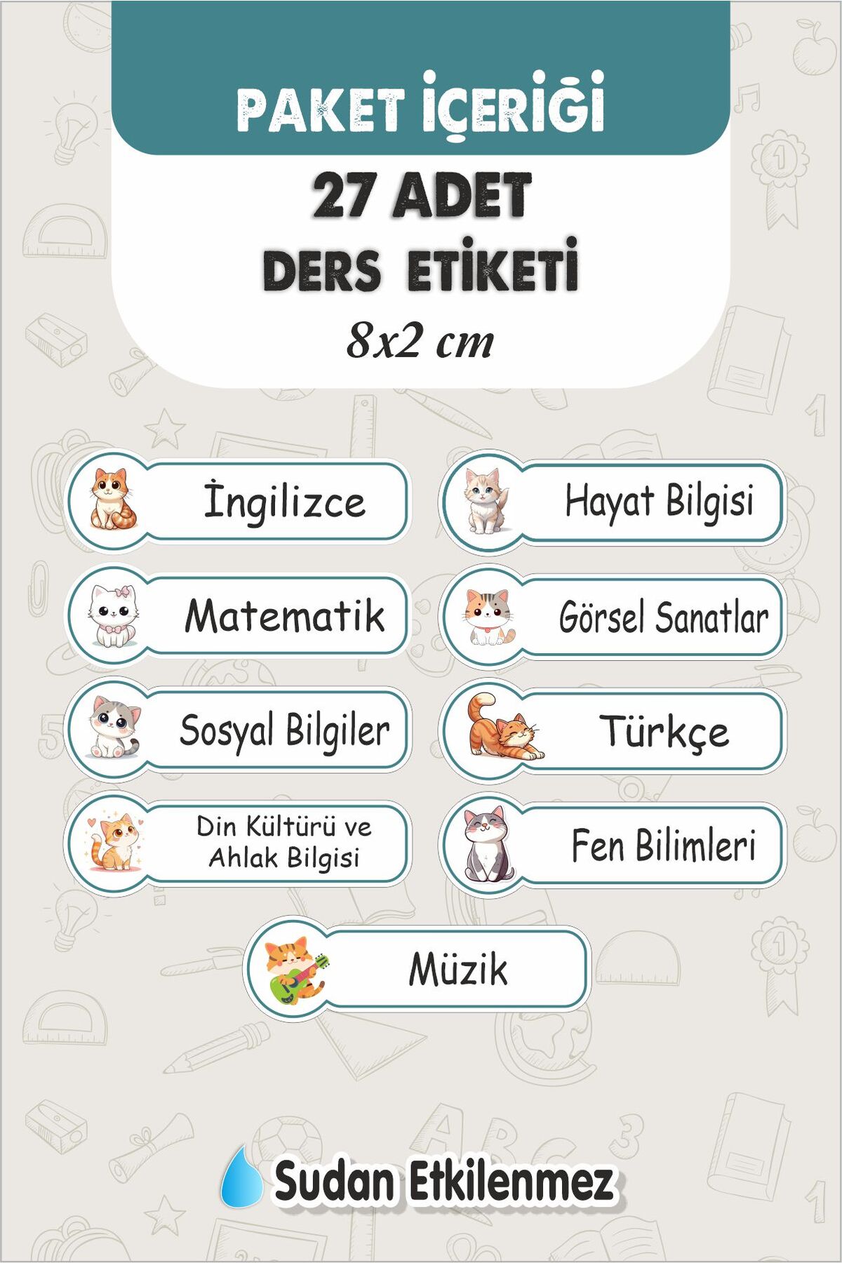 Okul Ders Etiketi Sevimli Kediler 27 Adet 8 Cm Okul Ders Etiketi - Özel Yeni Tasarım
