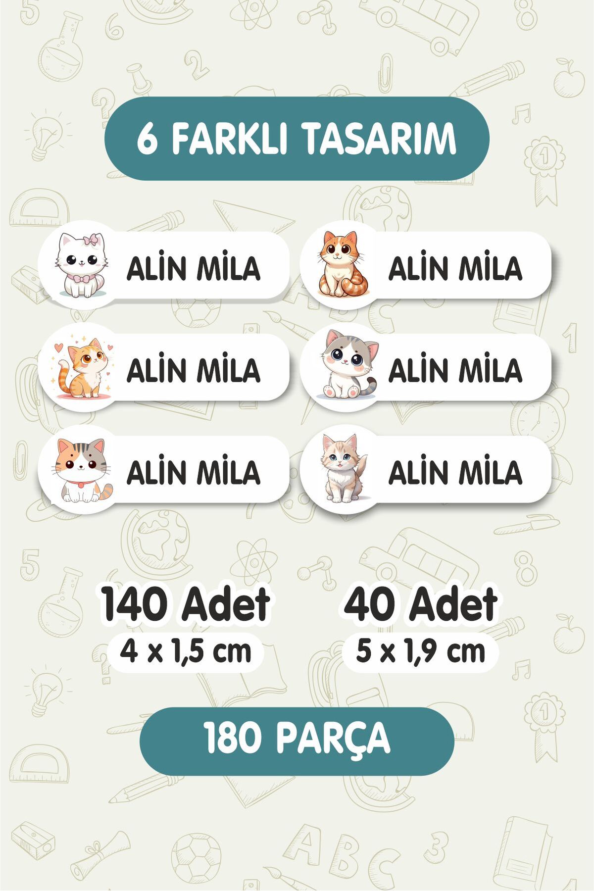 Okul Etiketi Kalem Defter isimli Etiket Isim Yazılabilen Sevimli Kedi - 180 Adet Özel Yeni Tasarım
