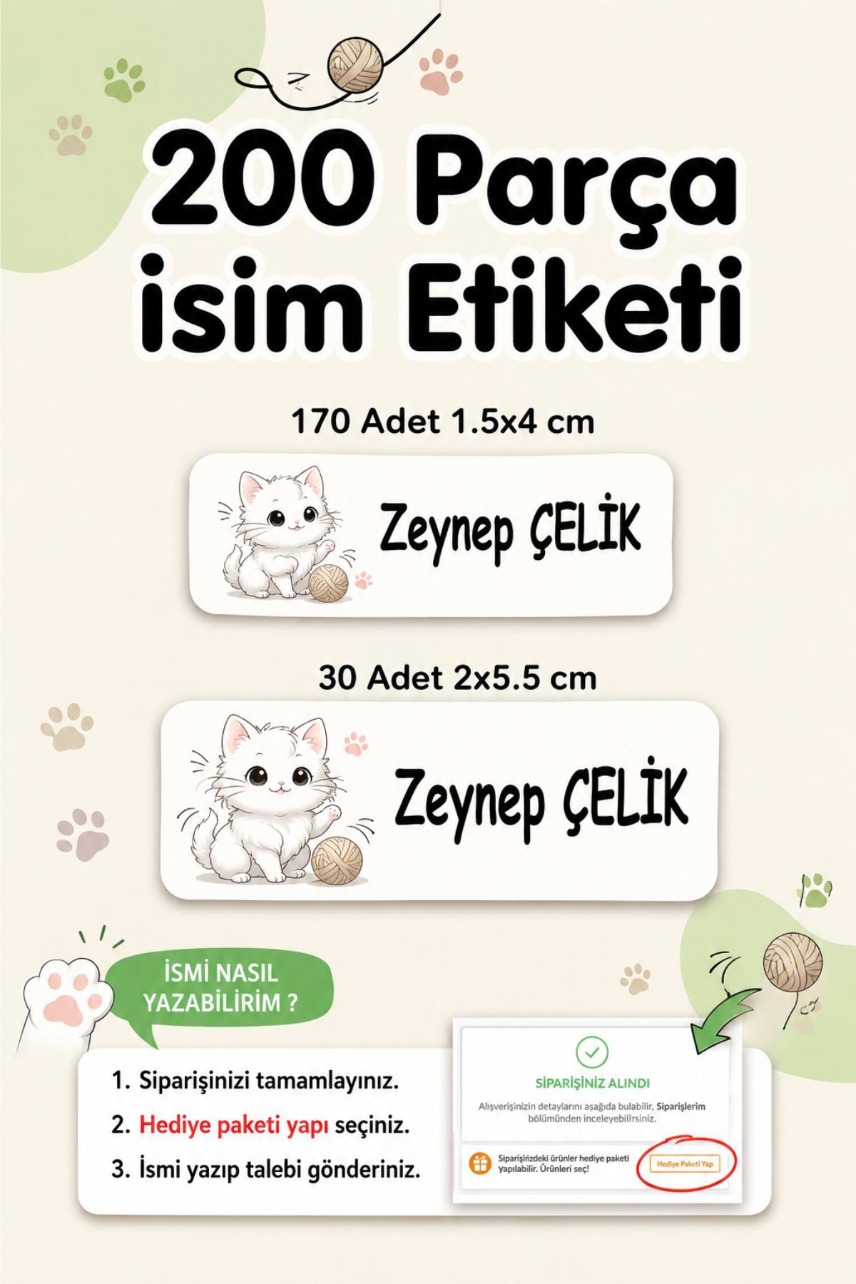 Okul Etiketi Kalem Defter isimli Etiket Isim Yazılabilen Secimli Beyaz Kedi - 200 Adet Etiket