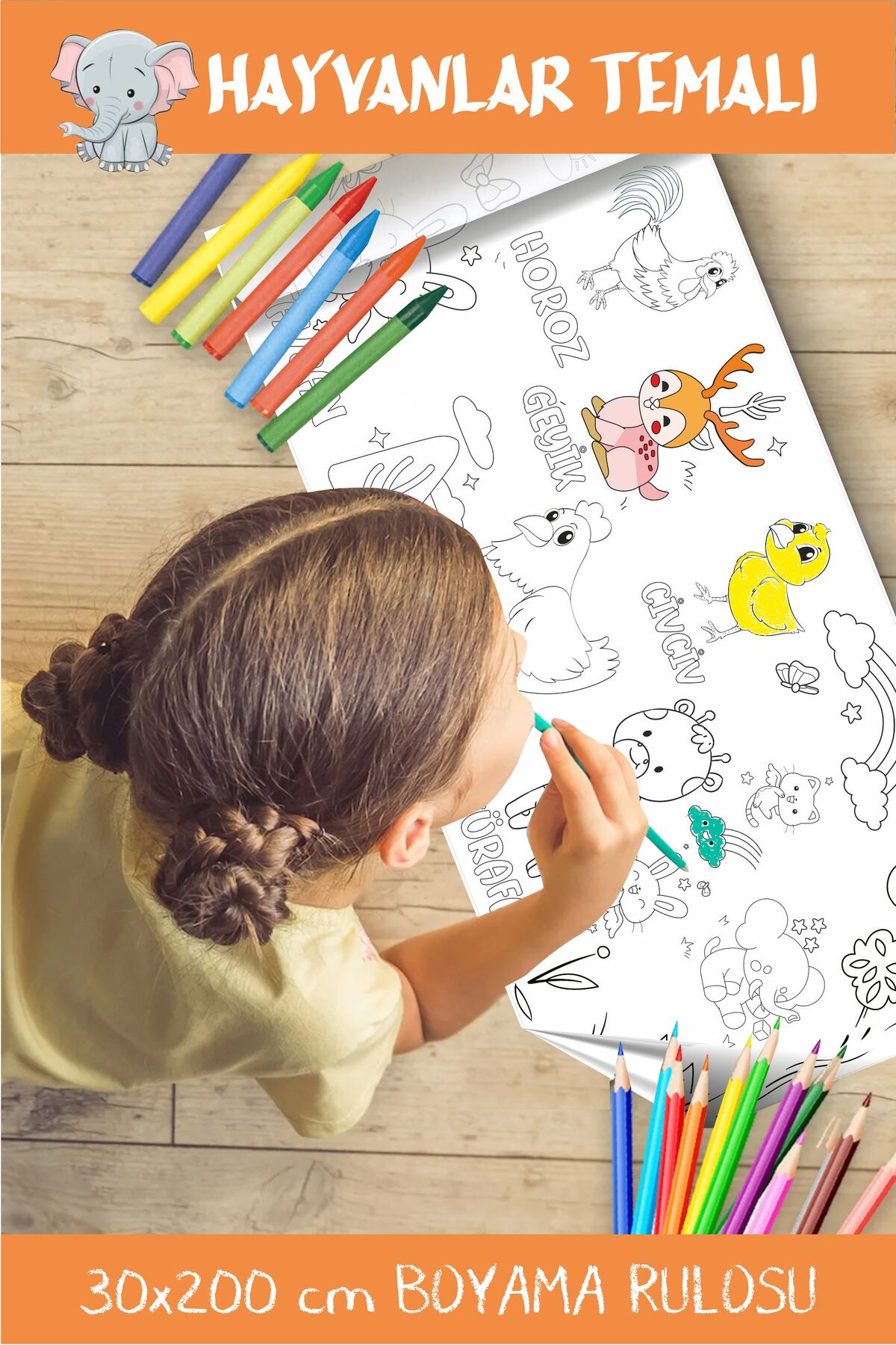 Pixroll Hayvanlar Temalı Dev Rulo Boyama Kağıdı– 2 m × 30 cm | Çocuklar İçin Sanat & Etkinlik Kağıdı