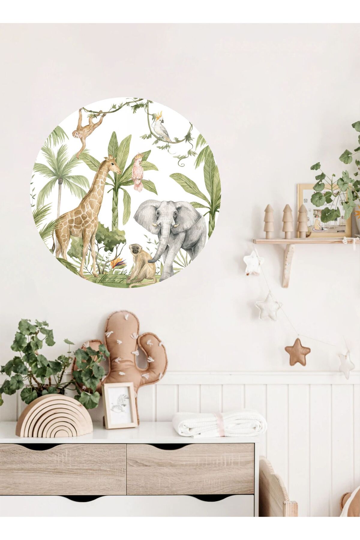 Jungle Animals Tam Daire Çocuk Odası, Tropikal Duvar Sticker